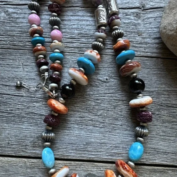 Southwestern 925 Sterling Silver Multi Gem Stone W Pearls Bead Necklace. 26 inch
